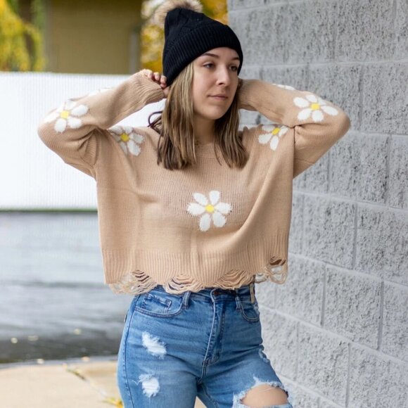 Cropped Daisy Floral Print V Neck Long Sleeve Personality Sweater Ribbed Trim - Picture 3 of 15